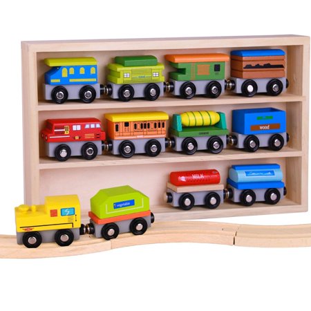 play22 wooden train set 12 pcs train toys magnetic set includes 3 engines