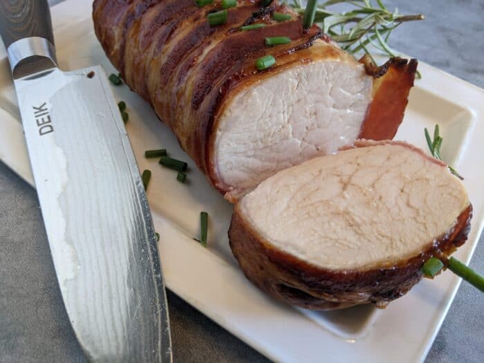 bacon wrapped pork loin finished