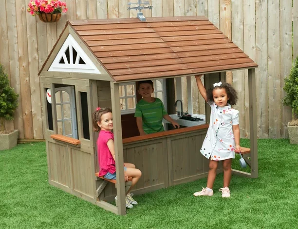 kidkraft country vista wooden outdoor playhouse with double doors, play kitchen & benches