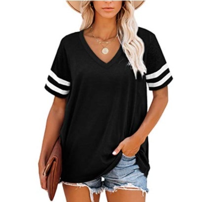 Black V Neck T Shirts Women Loose Short Sleeve Top Now $15.29 | SwagGrabber