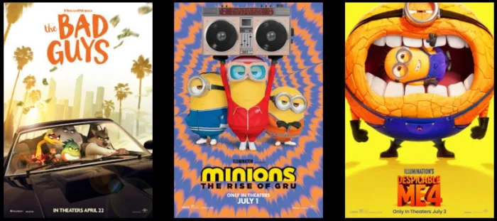 Animated movie posters: The Bad Guys and Minions series.