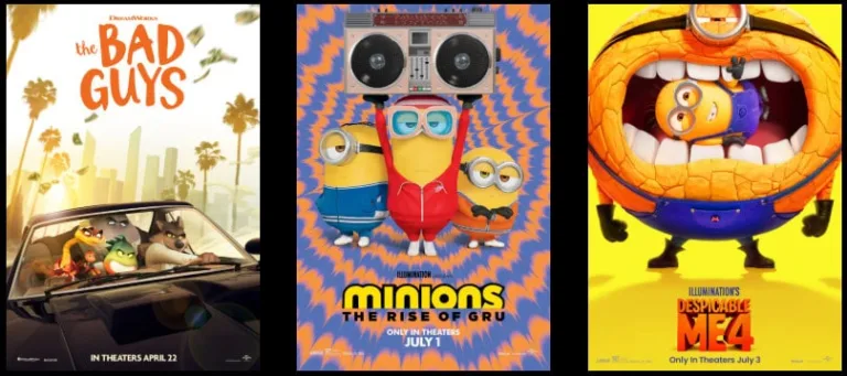 Animated movie posters: The Bad Guys and Minions series.