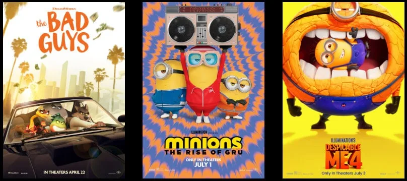 Animated movie posters: The Bad Guys and Minions series.