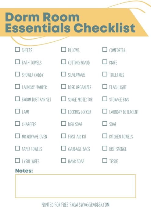 Free Printable Dorm Room Essentials Checklist | SwagGrabber