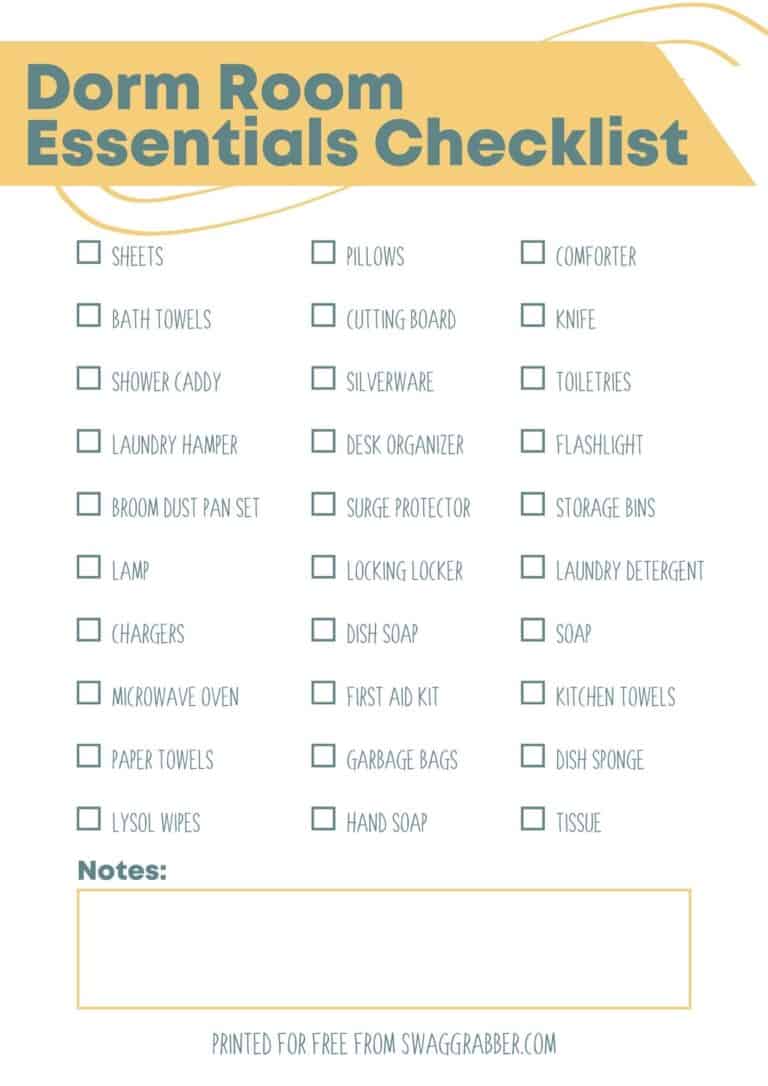 Free Printable Dorm Room Essentials Checklist SwagGrabber