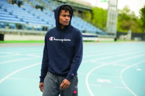 champion hoodie in navy on track