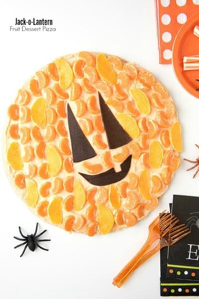 jack o lantern fruit dessert pizza