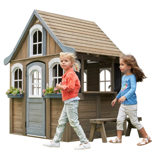 kidkraft forestview ii wooden outdoor playhouse with ringing doorbell, bench and kitchen