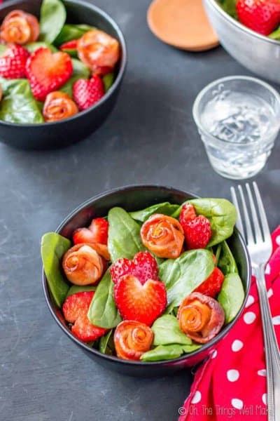 valentine day salad with bacon roses and strawberry hearts
