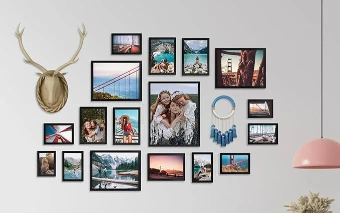 Decorative photo wall with diverse travel images.