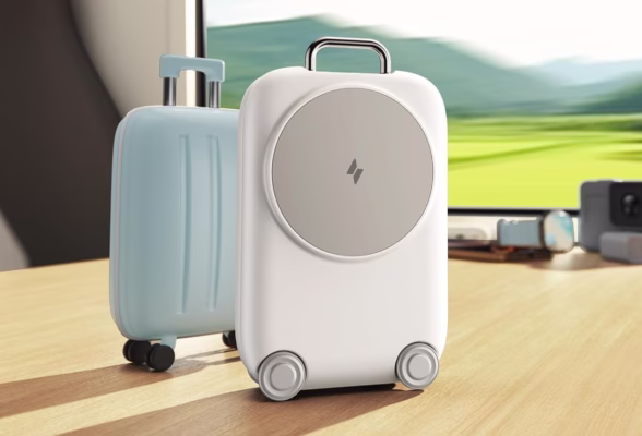 Two stylish suitcases on wooden surface, scenic background.