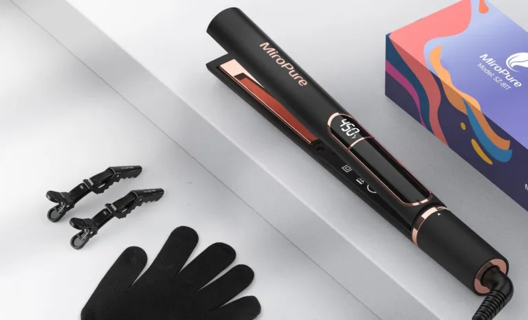 Hair straightener set with accessories and packaging.