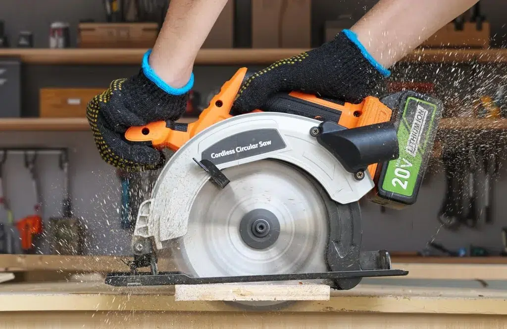 Person using a cordless circular saw on wood.
