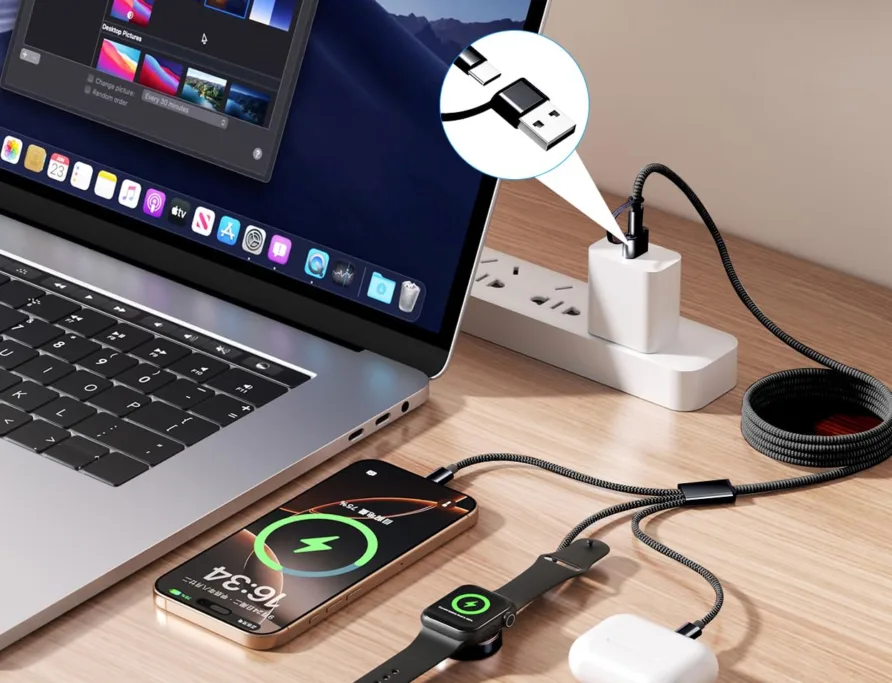 Charging setup with laptop, phone, smartwatch.