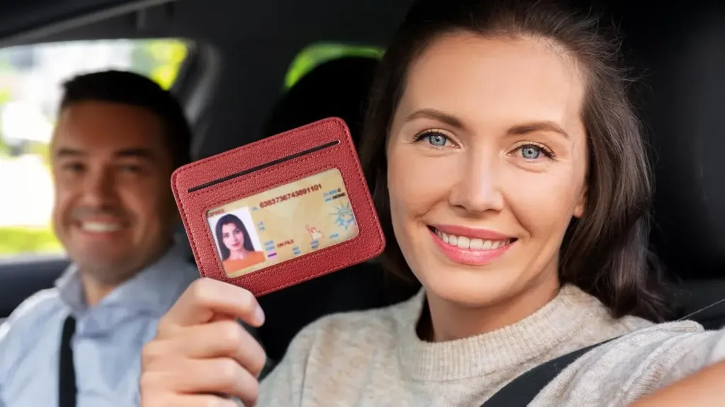 Smiling woman holding driver's license in car