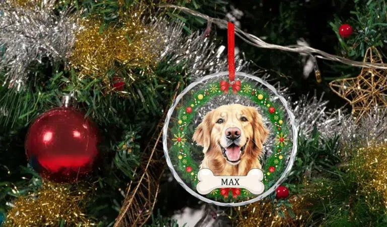 Dog-themed Christmas ornament on tree
