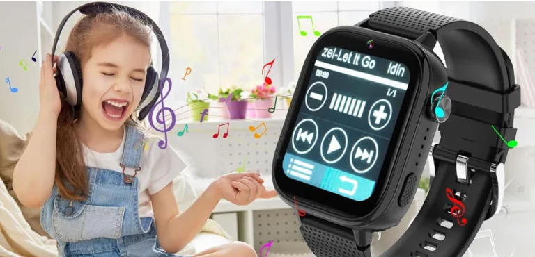 Child enjoying music with smartwatch and headphones.