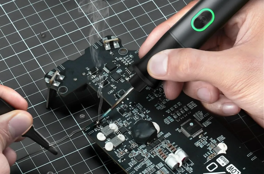 Soldering electronic circuit board with precision tool.
