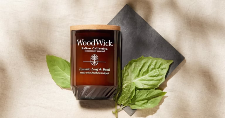 WoodWick candle with basil leaves displayed