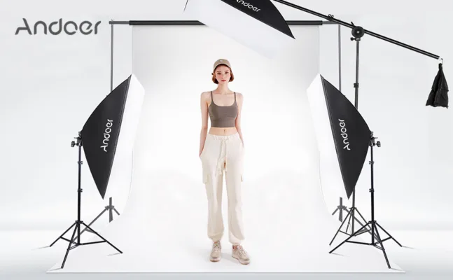 Model in professional photography studio setup