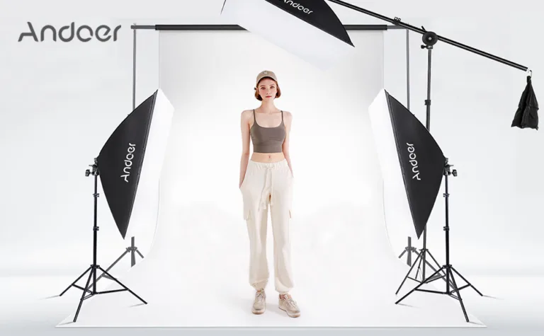 Model in professional photography studio setup