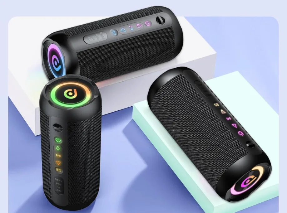 Colorful LED wireless speakers on display