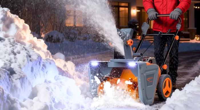 Person using snow blower with dual LED lights