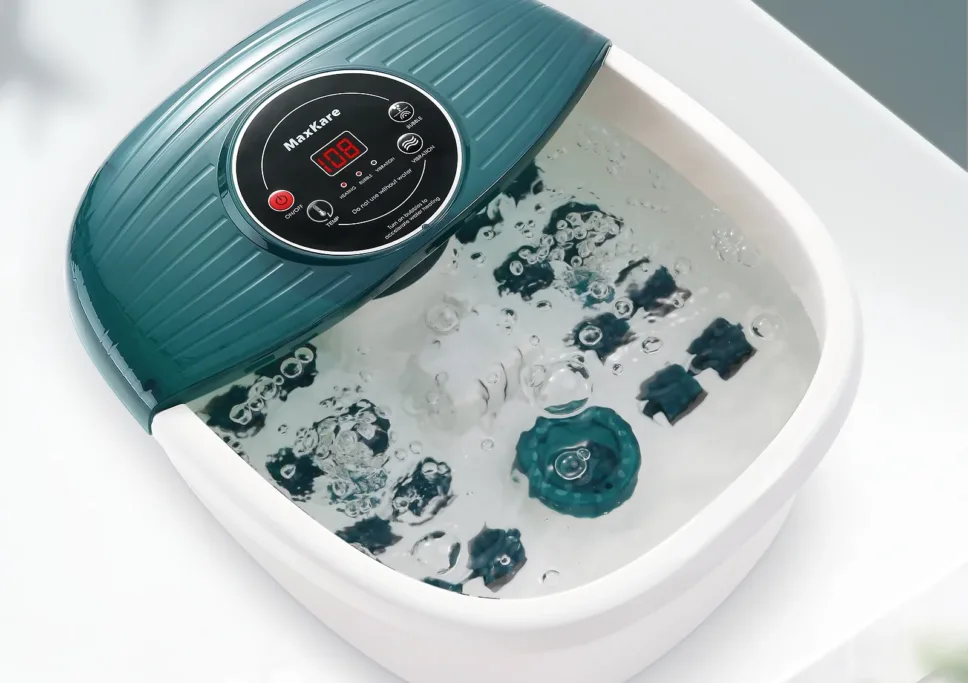 Foot spa with bubbles and control panel.