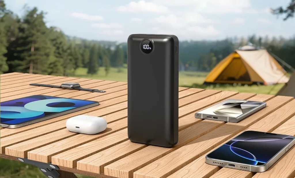 Portable charger on table with gadgets in nature