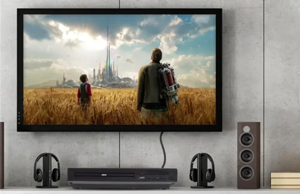 Home theater setup with TV and speakers