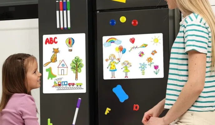 Child and woman drawing on refrigerator with markers.