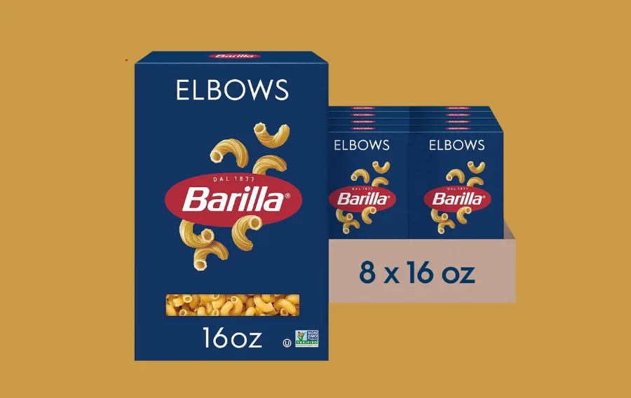 Barilla elbow pasta 16oz packages displayed.