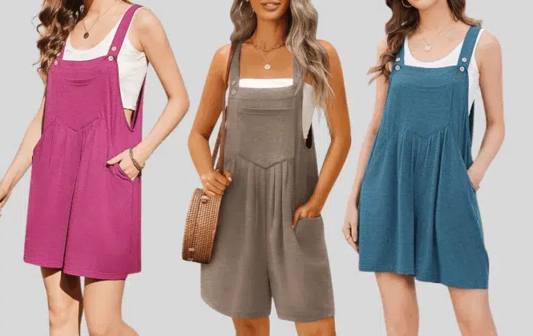 Women wearing colorful overall dresses in different styles.