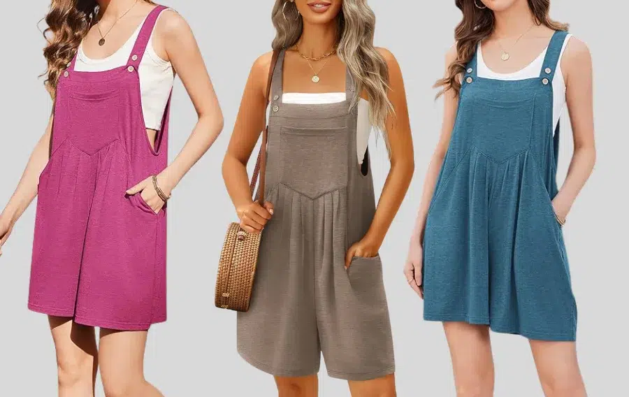 Women wearing colorful overall dresses in different styles.