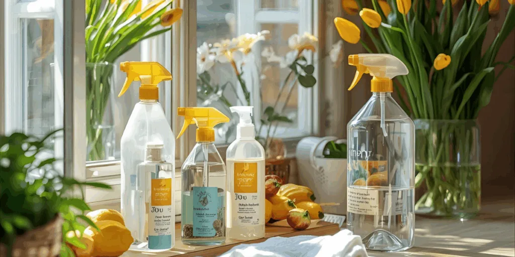 Cleaning products on sunny windowsill with flowers