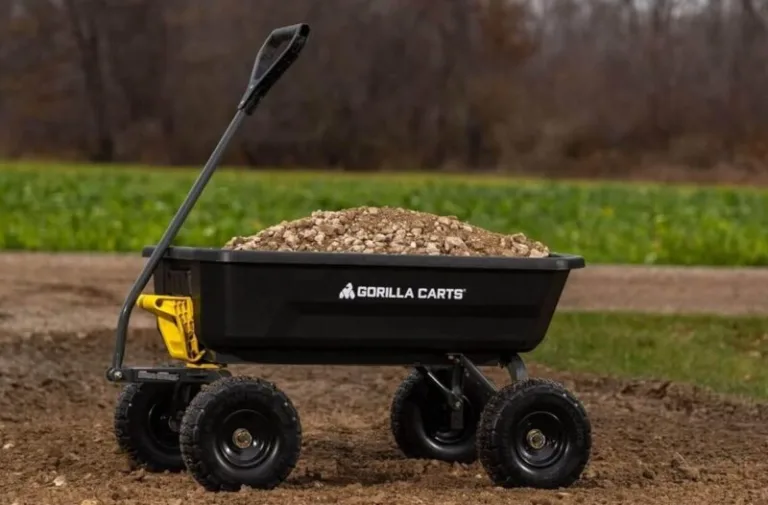 Gorilla cart filled with gravel on dirt path.