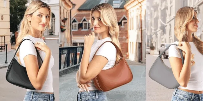 Woman modeling handbags outdoors in various colors.