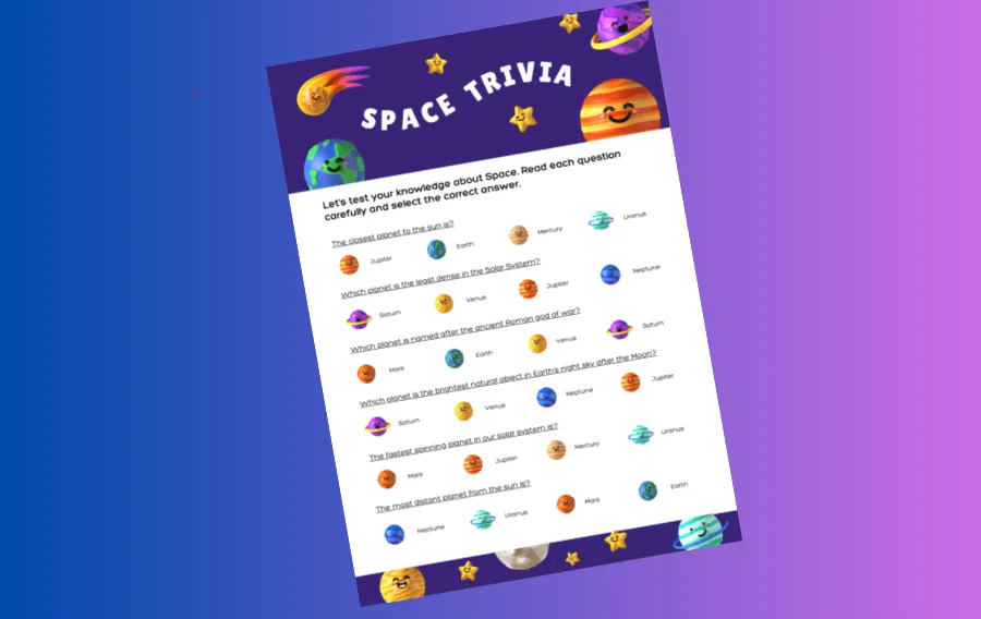 Space trivia quiz with planet questions and answers.