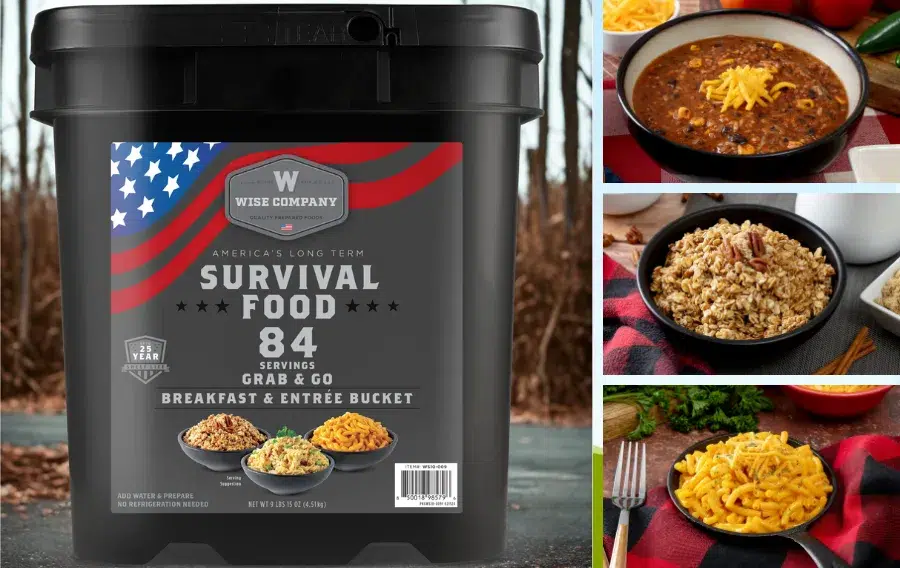 Emergency food supply bucket with various meals.