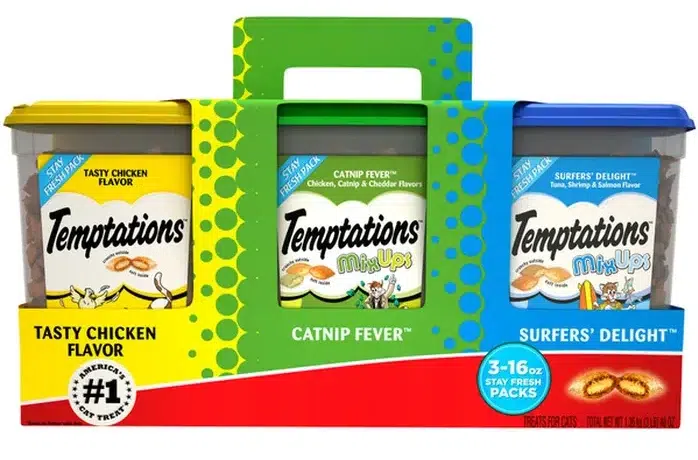 Temptations cat treats variety pack, three flavors.