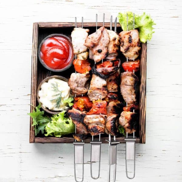 17 long double pronged bbq skewers with push bar