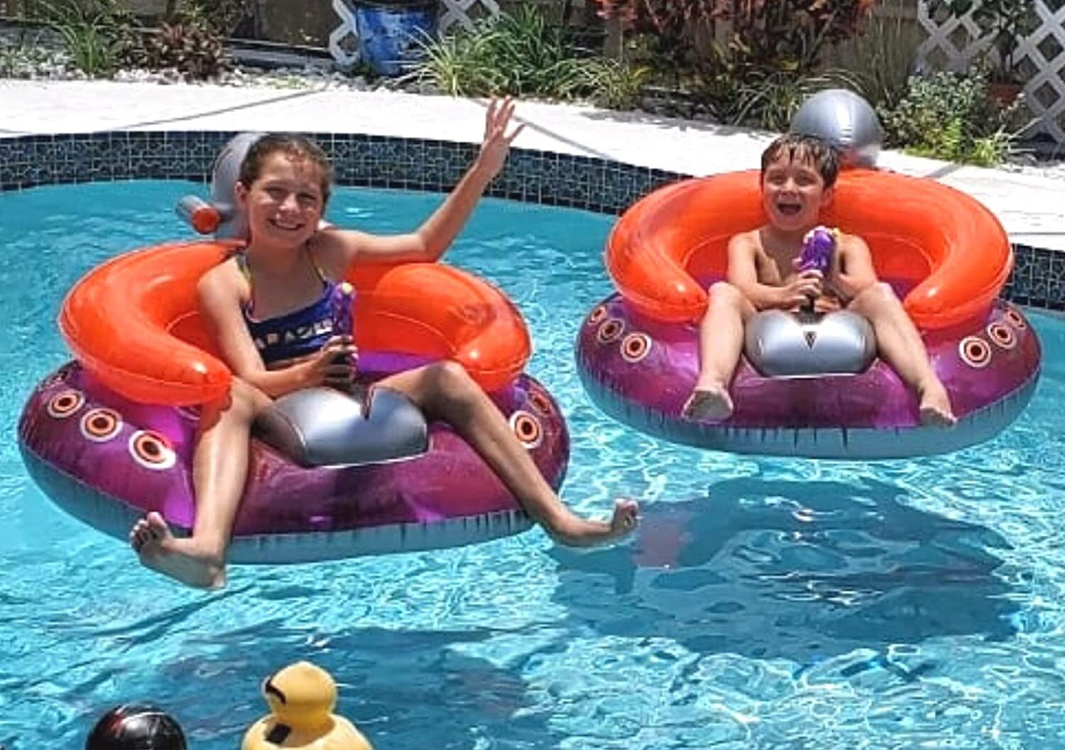 inflatable ufo spaceship pool float ride on kids playing in pool