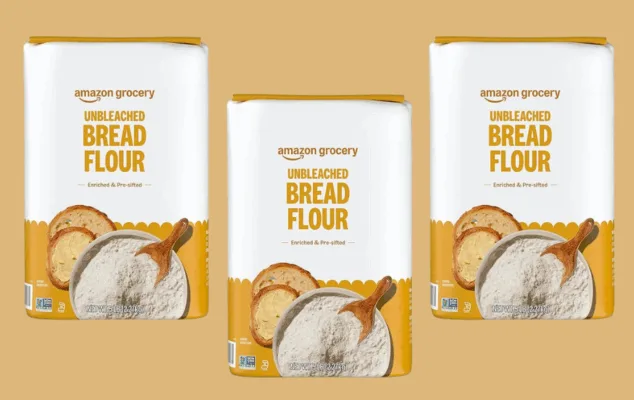 Three packs of unbleached bread flour.