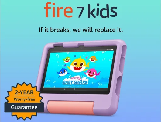 Fire 7 Kids Tablet with Baby Shark screen, warranty