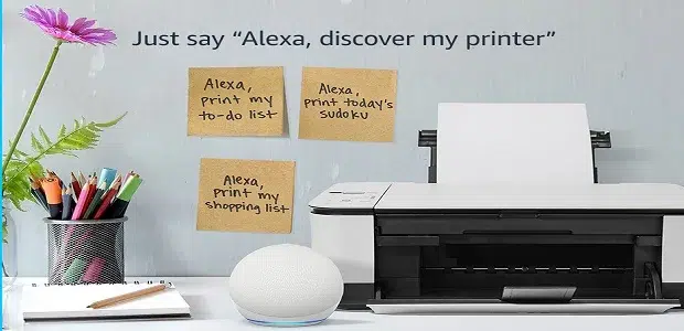 Smart speaker and printer with sticky notes.