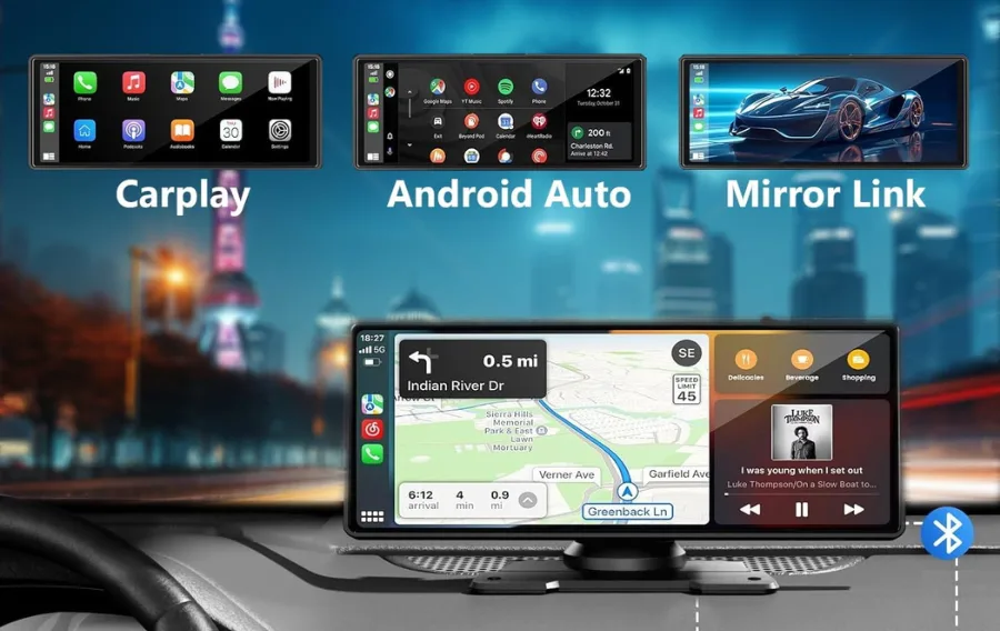 Car dashboard displaying Carplay, Android Auto, Mirror Link.
