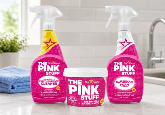 clean kitchen counter with pink stuff products