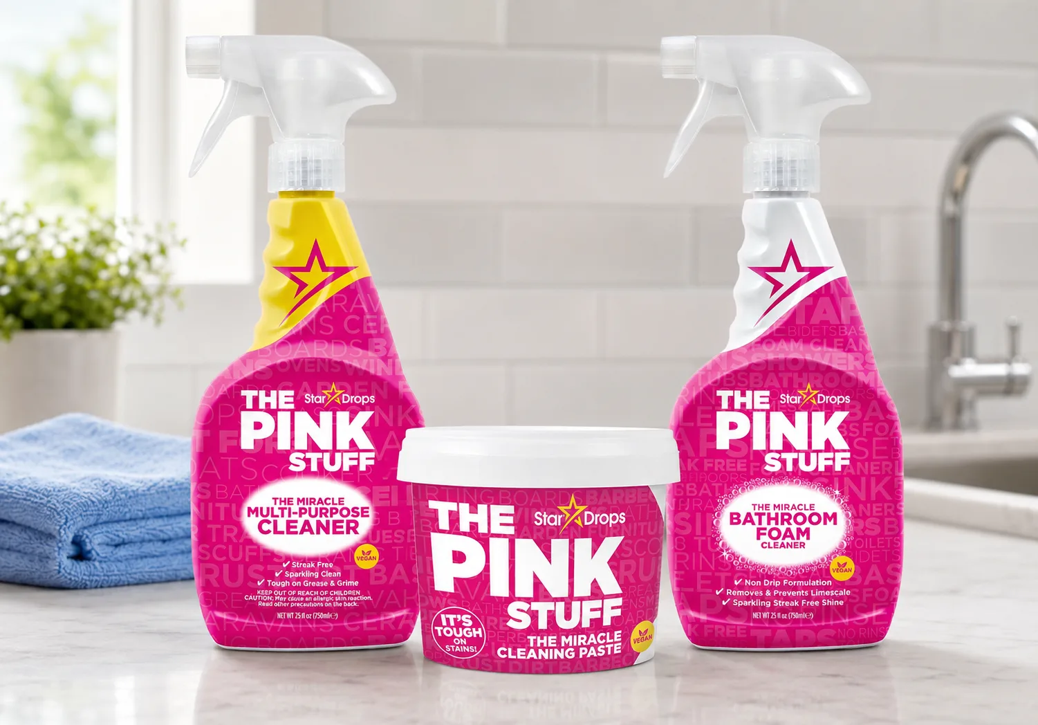 clean kitchen counter with pink stuff products