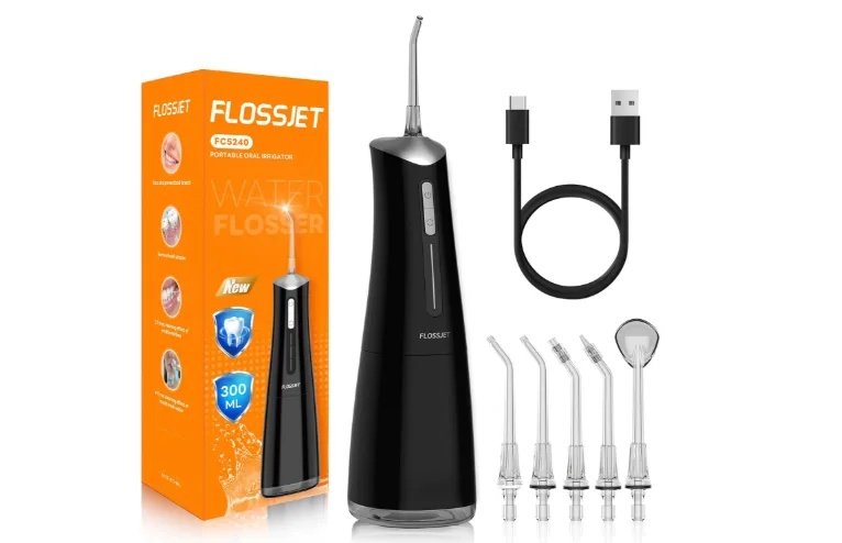 Electric water flosser with multiple nozzles and chargers.