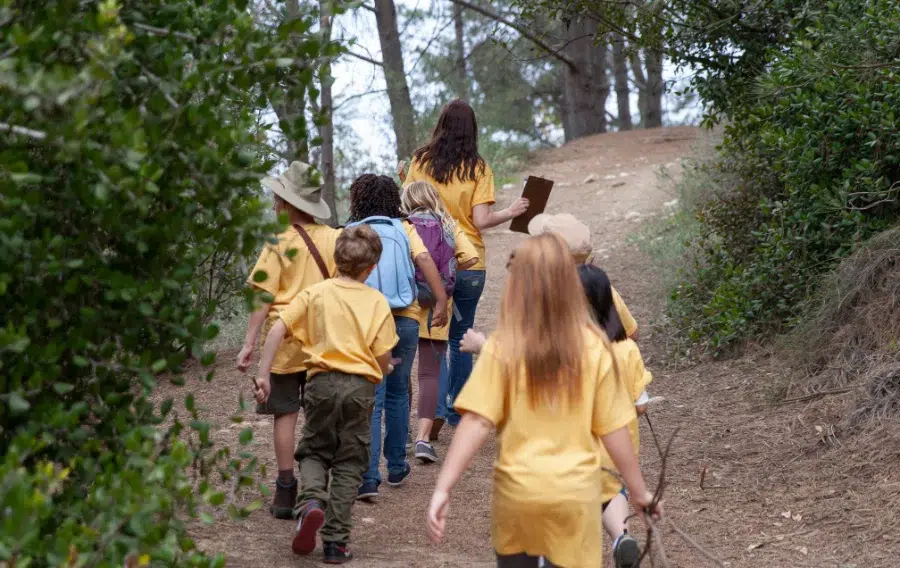 Children hiking in forest wearing yellow shirts.